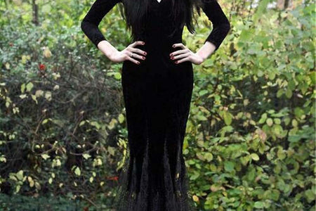 Women Maxi Dress V Collar Black Lace Dress Long Sleeve Party Gown Female Autumn Elegant Vestidos Lapel Rope High Waist Dress