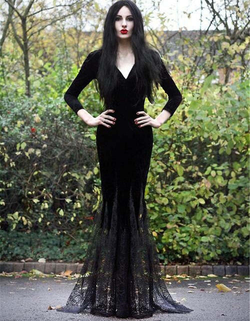 Load image into Gallery viewer, Women Maxi Dress V Collar Black Lace Dress Long Sleeve Party Gown Female Autumn Elegant Vestidos Lapel Rope High Waist Dress

