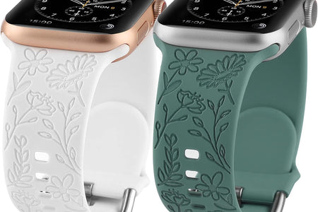 2 Pack Flower Engraved Sport Strap Compatible with Apple Watch Bands 38Mm 40Mm 41Mm, Women Floral Laser Soft Silicone Wristband Replacement Iwatch Series 8 7 6 5 4 3 2 1 SE