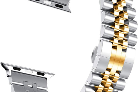 Compatible with Apple Watch Band 45Mm 44Mm 42Mm 41Mm 40Mm 38Mm, Stainless Steel Heavy Band with Butterfly Folding Clasp Link Bracelet for Iwatch Series7/6/Se Series 5/4/3/Men Women ,Silver/Gold, 41Mm/40Mm/38Mm