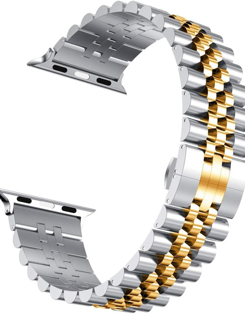 Load image into Gallery viewer, Compatible with Apple Watch Band 45Mm 44Mm 42Mm 41Mm 40Mm 38Mm, Stainless Steel Heavy Band with Butterfly Folding Clasp Link Bracelet for Iwatch Series7/6/Se Series 5/4/3/Men Women ,Silver/Gold, 41Mm/40Mm/38Mm
