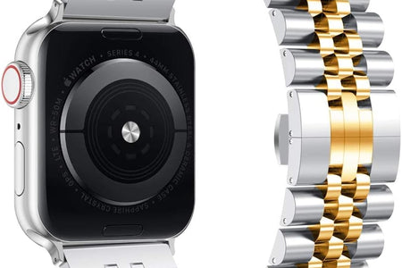 Compatible with Apple Watch Band 45Mm 44Mm 42Mm 41Mm 40Mm 38Mm, Stainless Steel Heavy Band with Butterfly Folding Clasp Link Bracelet for Iwatch Series7/6/Se Series 5/4/3/Men Women ,Silver/Gold, 41Mm/40Mm/38Mm
