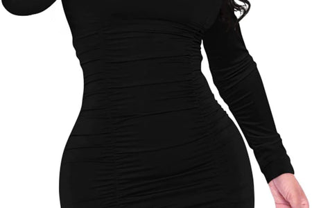 Women'S Sexy Stand Neck Bodycon Long Sleeve Ruched Club Party Mini Dress