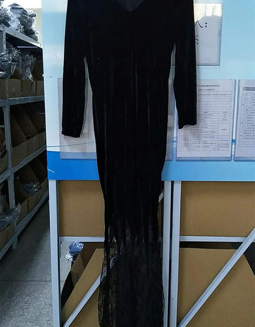 Load image into Gallery viewer, Women Maxi Dress V Collar Black Lace Dress Long Sleeve Party Gown Female Autumn Elegant Vestidos Lapel Rope High Waist Dress
