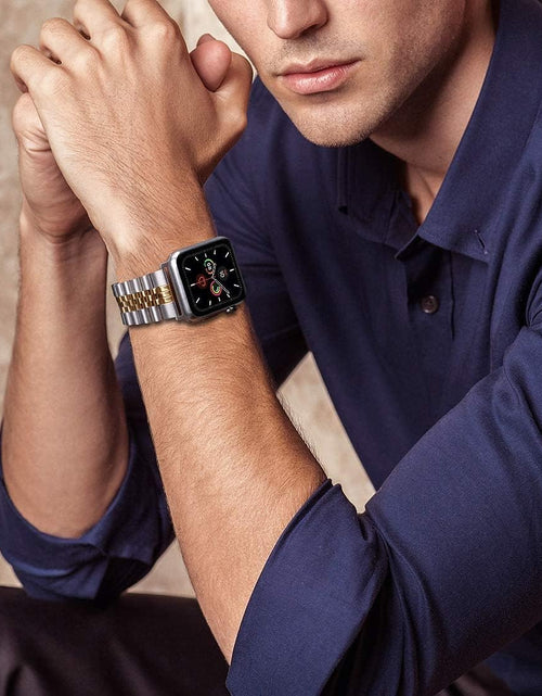 Load image into Gallery viewer, Compatible with Apple Watch Band 45Mm 44Mm 42Mm 41Mm 40Mm 38Mm, Stainless Steel Heavy Band with Butterfly Folding Clasp Link Bracelet for Iwatch Series7/6/Se Series 5/4/3/Men Women ,Silver/Gold, 41Mm/40Mm/38Mm
